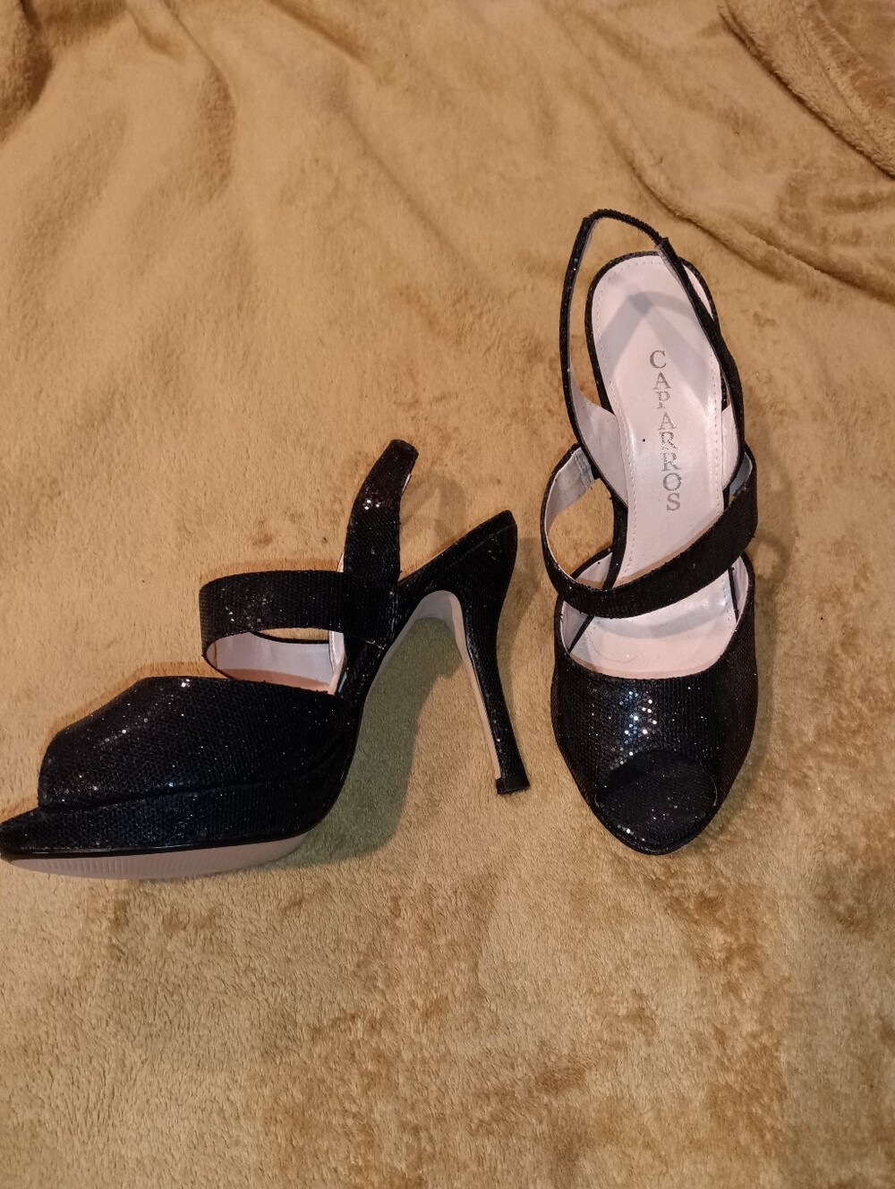 Caparros Black Glitter Peep-Toe Strappy High Heels